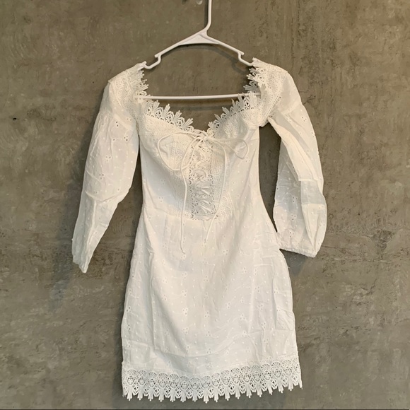 Broderie Lace Tie Up Front Bardot Dress - Picture 3 of 10